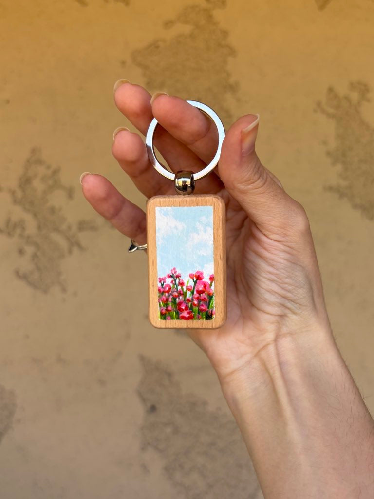 Wooden Keychain- Poppies